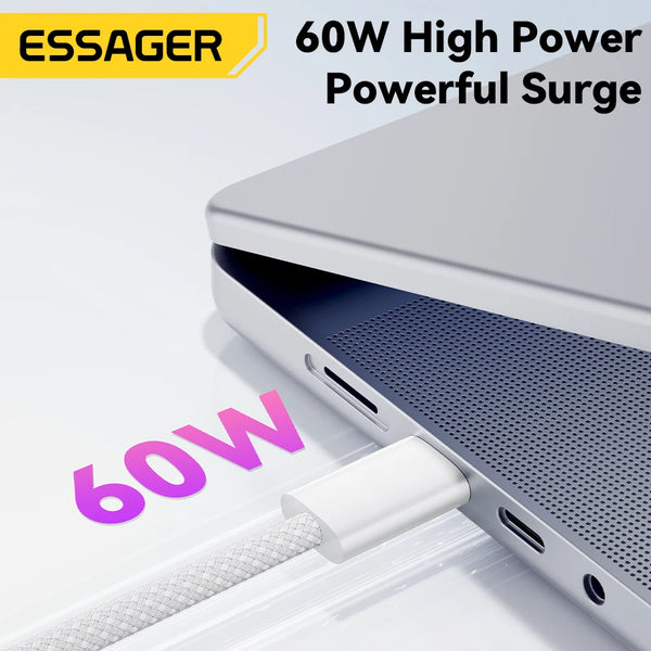 ខ្សែសាក Essager 60W USB C សម្រាប់ iPhone 16 15 Plus Pro Max Xiaomi Type C សម្រាប់ Macbook Pro iPad PD Fast Charger Cord Type-C