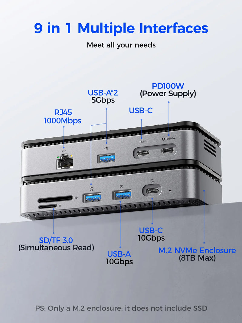 ORICO M2P7 USB C HUB with Cooling Fan M.2 NVMe SATA SSD Enclosure External 10Gbps HDMI-Com RJ45 SDTF Docking Station