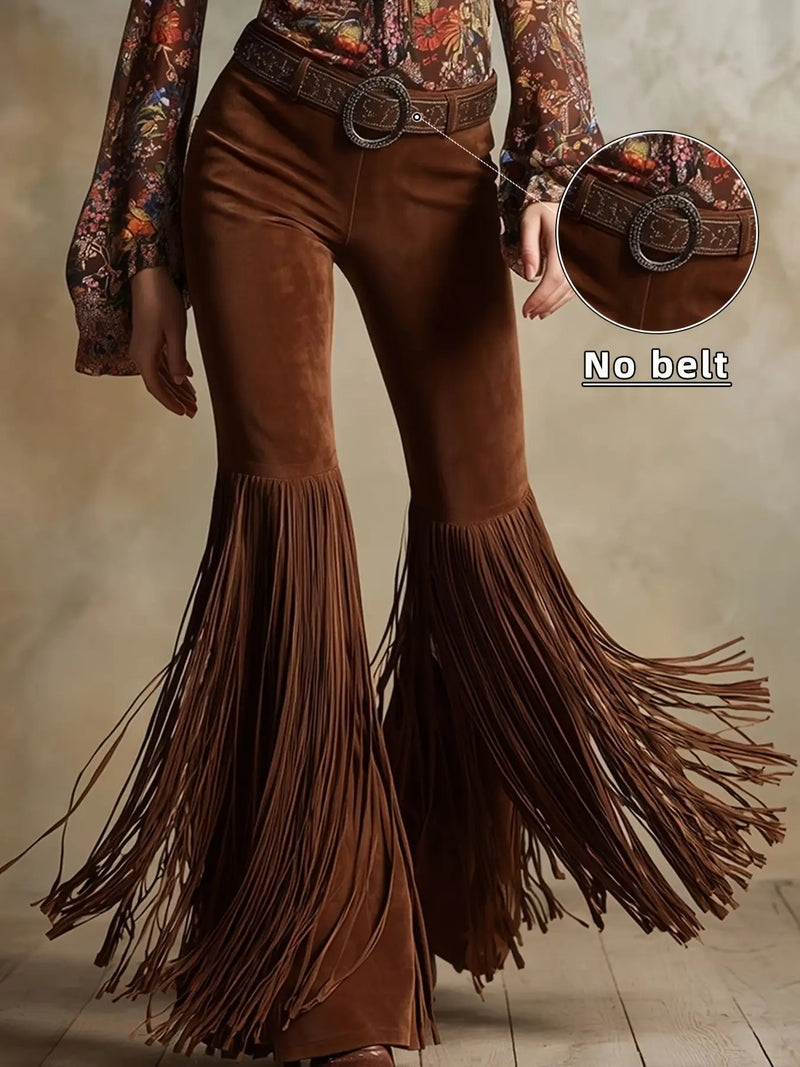 Women's Brown Flared Pants for Spring, Western-style Retro Trousers with Fringe Details, Available in Black, White, Burgundy.