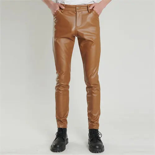 2026 Bright Green Men's Biker Leather Pants, Fashion Slim Stretch PU Pants Red Blue Black Gray Men Pant Plus Size 28-36 38 40