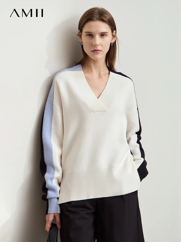 AMII Minimalist Women's Contrast Color Spliced Sweater 2026 Winter V-neck Drop Cuff Sesame Bottom Jacquard Loose Tops 12444122
