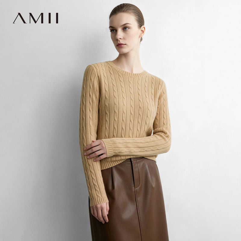 អាវយឺតរោមចៀម Amii Minimalist សម្រាប់ស្ត្រី រដូវស្លឹកឈើជ្រុះ មកដល់ថ្មី អាវយឺតដៃវែង ក O រលុង អាវផាយសម្រាប់ស្ត្រី អាវប៉ាក់ទាន់សម័យ 12653032