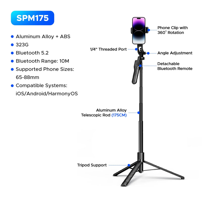 ORICO 2.15m Aluminum Selfie Stick Tripod BT Remote 360° Rotatable for iPhone Mobile Phone Camera Live Streaming Travel