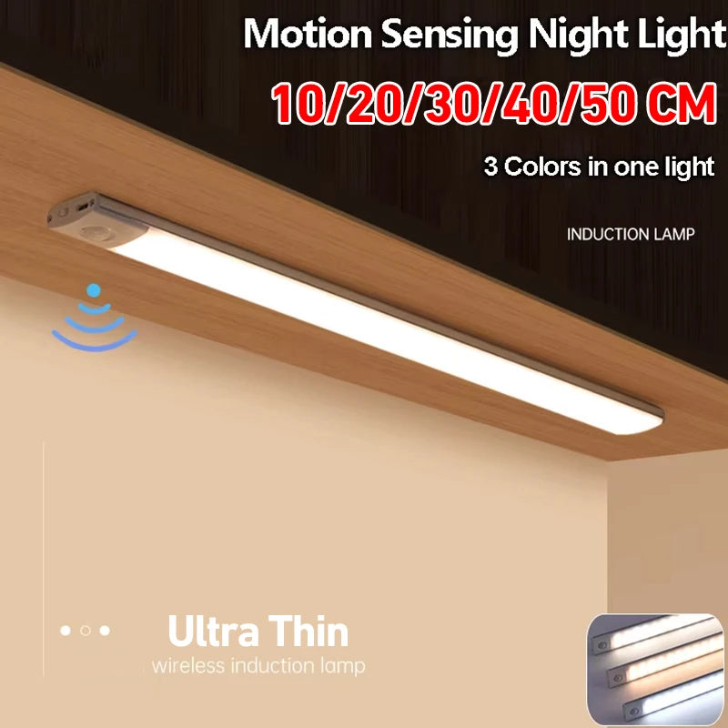 ភ្លើងទូខោអាវ ភ្លើង LED មានឧបករណ៍ចាប់សញ្ញាចលនា ភ្លើងពេលយប់ 3 ពណ៌ ឥតខ្សែ USB ចង្កៀងស្តើងវែង ចង្កៀងផ្ទះបាយ ភ្លើងបំភ្លឺក្នុងផ្ទះ
