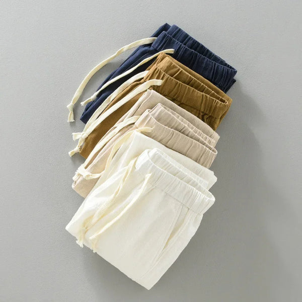Summer New Drawstring Casual Ramie Cotton Pants for Men Clothing breathable Loose Solid Color Streetwear EC1329