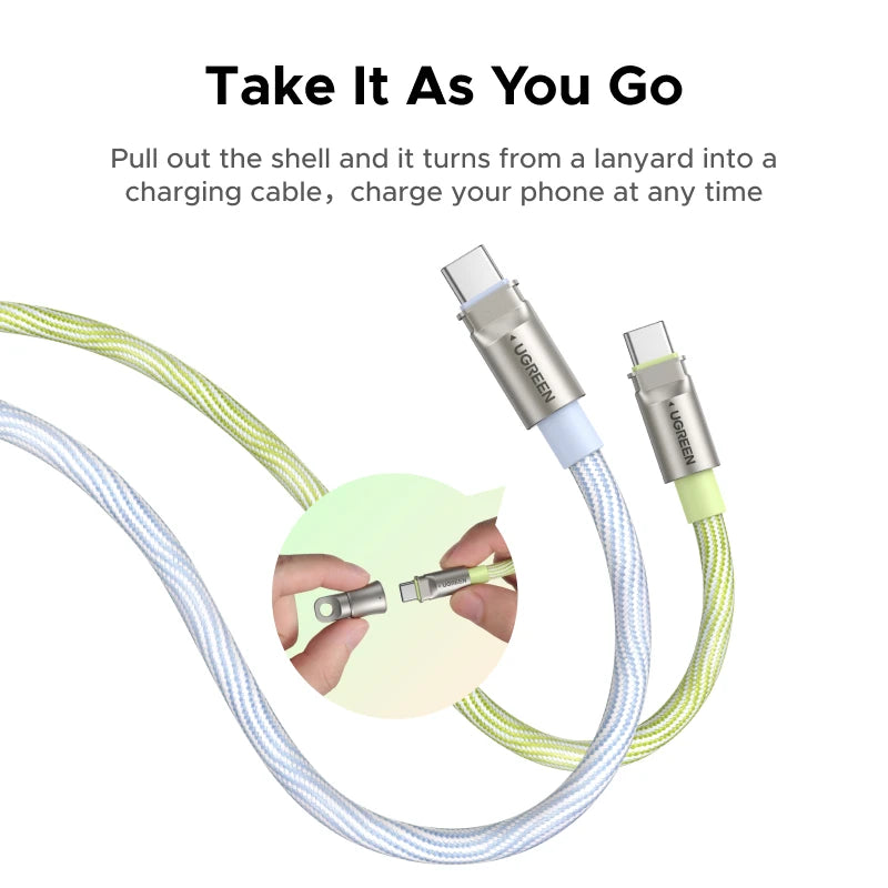 UGREEN PD60W USB-C Lanyard Charging Cable 2-in-1 Type-C Wearable Cable Travel Crossbody for iPhone 17 16 Samsung Xiaomi