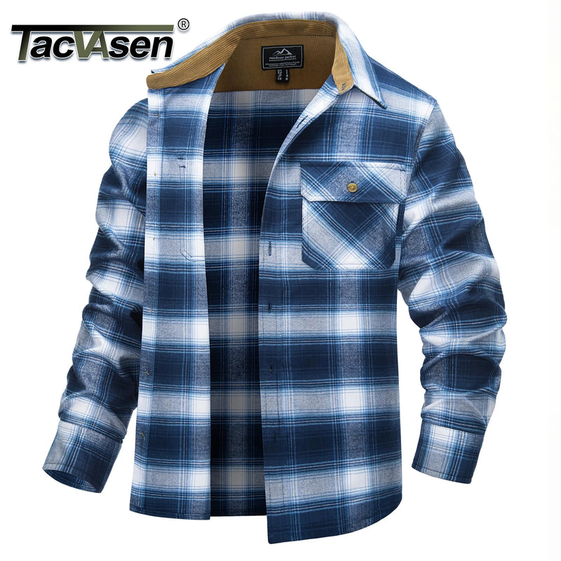 TACVASEN Casual Cotton Plaid Flannel Shirts Mens Button Up Long Sleeve Shirts 2 Chest Pocket Shirt Jacket Lightweight Coat Male