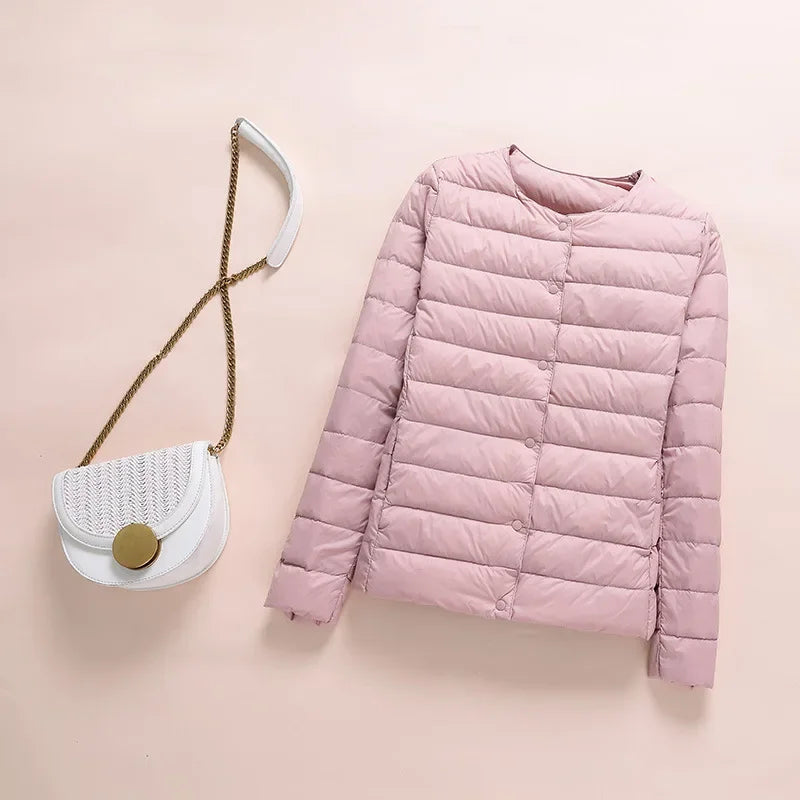 Winter Red Light/Thin Women's Round Neck Long Sleeve Jacket, White Blue Gray Khaki Available, Asian Size S-3XL Female Coat