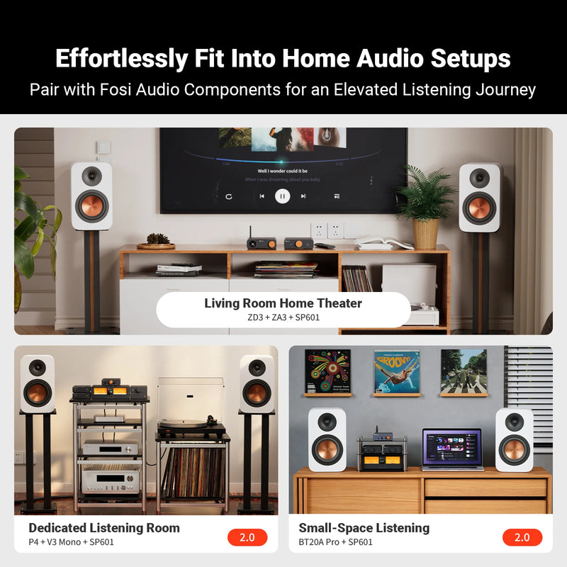 ឧបករណ៍បំពងសម្លេង Fosi Audio SP601 6Ω 160W សំឡេង Hi-Fi សម្រាប់រោងកុននៅផ្ទះ កុំព្យូទ័រលើតុ