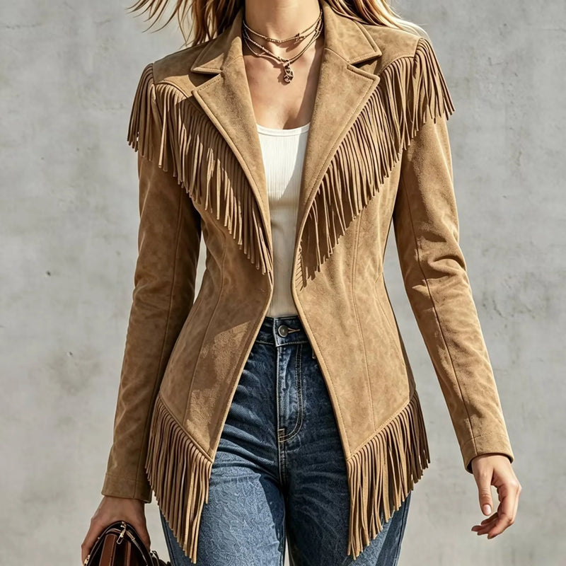 Lightweight Women's Long-sleeve Collared Jacket with Fringe Detailing; Available in Black, Red, Green, Khaki, Beige, Blue, Gray.