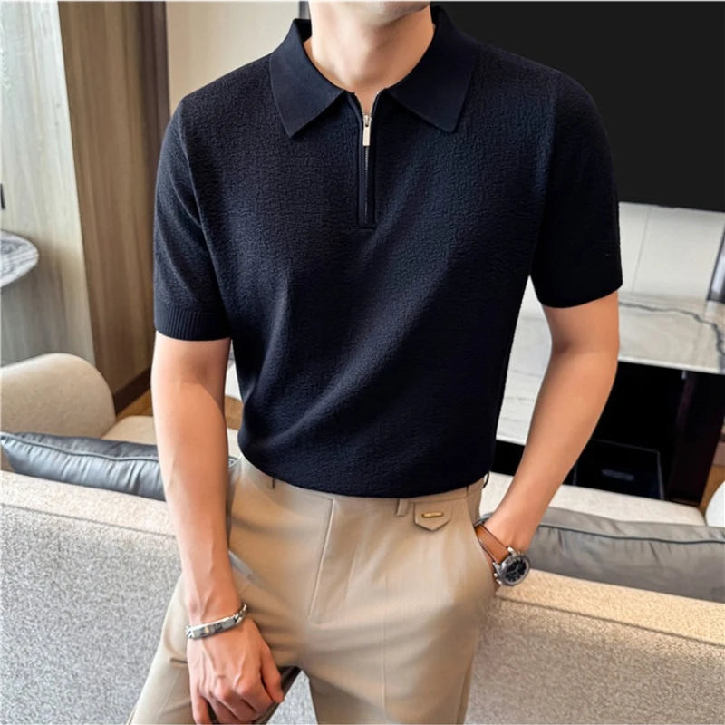 Men Summer Short Sleeve Half Zip Polo Shirt Old Money Style Knitted Jacquard Solid Color Smart Casual Top