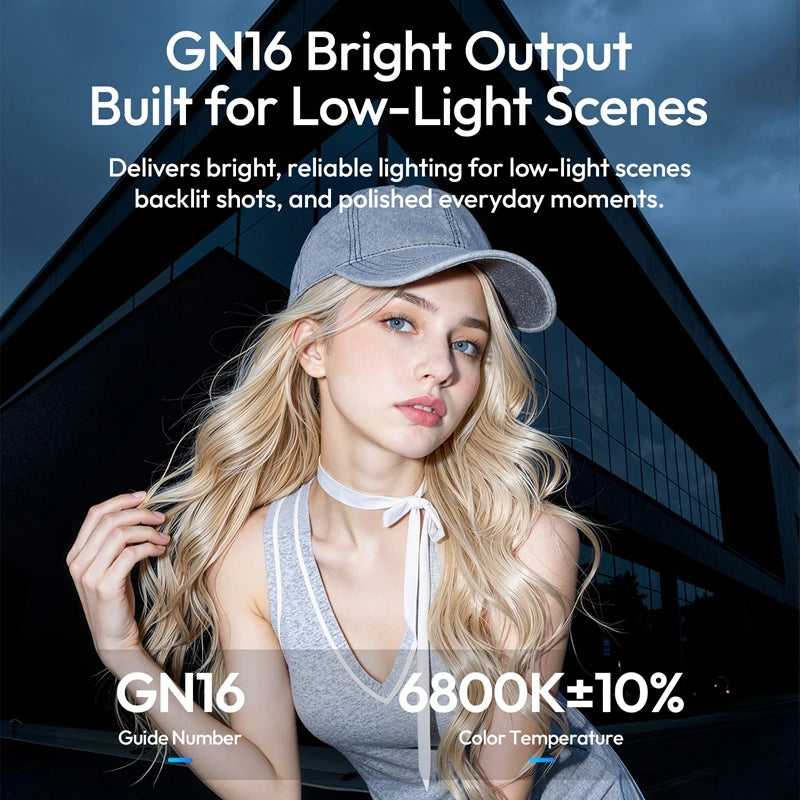 ភ្លើងពិលកាមេរ៉ា Ulanzi F16R GN16 2500-6500K សម្រាប់ Canon R50 R10 Sony ZVE10 Nikon Fuji ពិលជាមួយនឹងការលៃតម្រូវ 7 កម្រិត