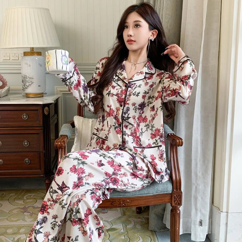 Women's Silk Pajama Set Satin Sleepwear Long Sleeve Top with Pants 2-Piece Loungewear Pj Suit Pyjama for Comfortable Nightwear