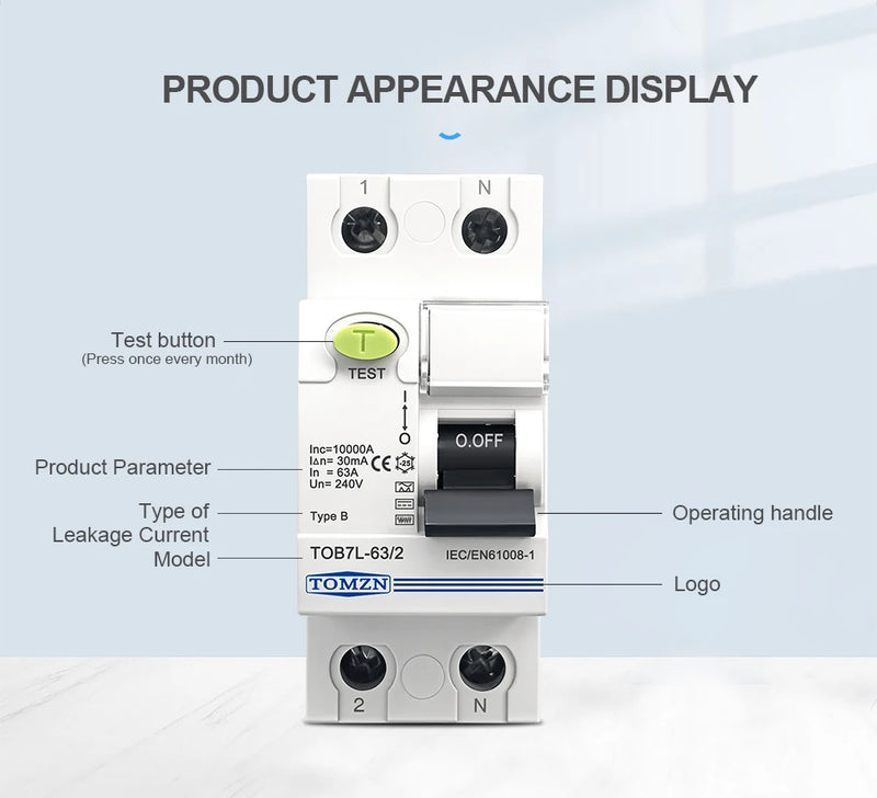 TOMZN TOB7L Type B RCCB 2P 63A 30/100/300mA Single Phase | Electromagnetic Leakage Breaker | DIN Rail
