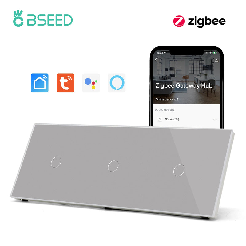 BSEED Zigbee Smart Switch 1/2/3Gang 1/2/3Way Smart Touch Light Switch Work With Tuya Smart Life Blue Backlight No Neutral Line