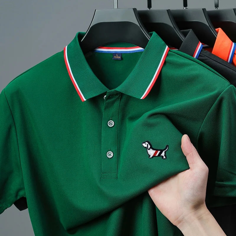 Summer New Men Short-Sleeved Polo Shirt Lapel Color Blocking Dog Embroidery Business Casual Polo Shirt Ventilate Men's Clothing