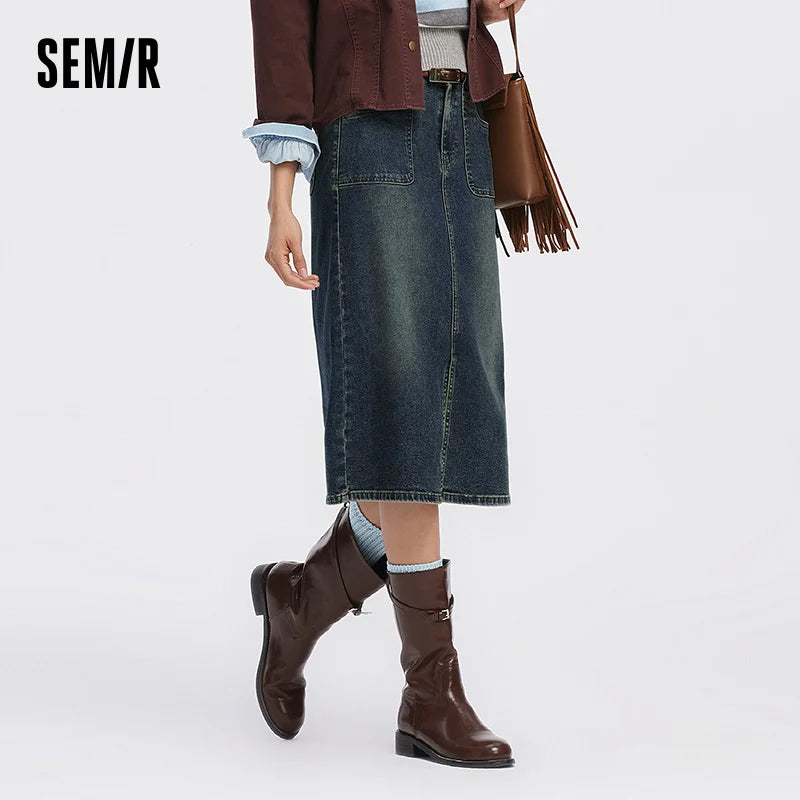 Semir Women Skirt Denim Slit Straight Long Slim Retro Street Style Autumn Bottoms Comfortable Urban Daily Wear 2026