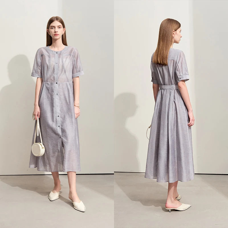 រ៉ូបថ្មី Amii Minimalism រដូវក្តៅឆ្នាំ ២០២៦ សម្រាប់ស្ត្រី រ៉ូបស្តើងឆើតឆាយ Jacquard ជាមួយខ្សែក្រវ៉ាត់វែងត្រង់ 12422175