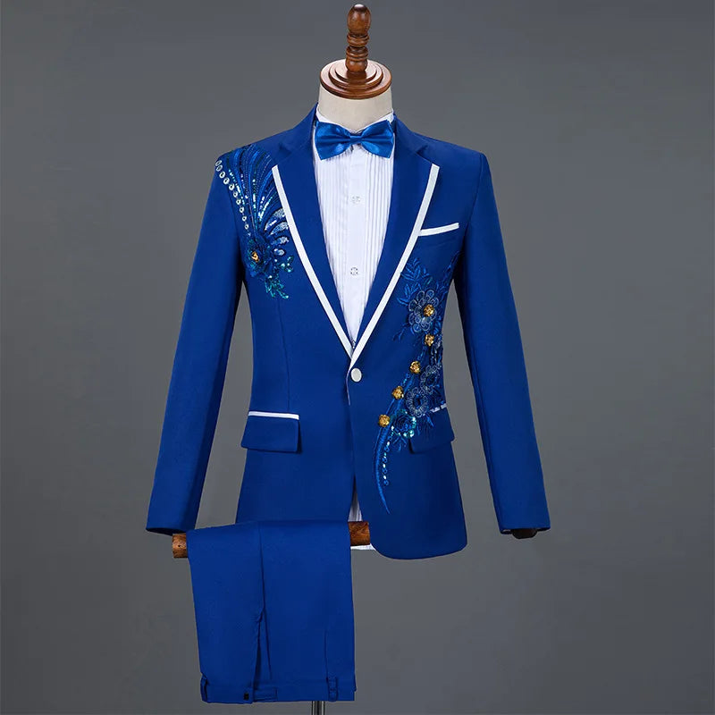 2026 New Men's Red Two-Piece Suit: Embroidered Jacket Paired with Matching Trousers, Perfect for Weddings, Parties, Performances
