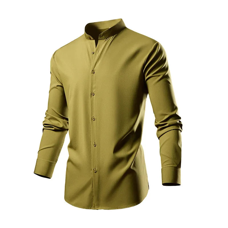 Male Black Stretch Long Sleeve Shirts/Men's High Quality Stand Collar Pure Slim Fit Business Shirt Red White Camisa Man Chemise