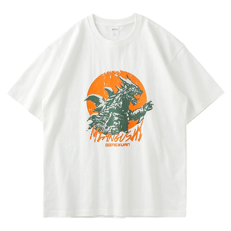 Dukeen 320g Heavyweight Short Sleeved T Shirt Men Summer Monster Printing Half Sleeve Oversized Cotton Casual Mens Tops