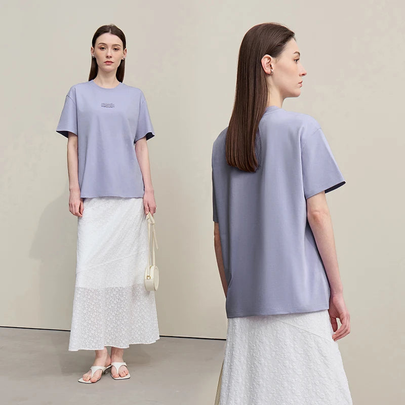អាវយឺតនារី Amii ឆ្នាំ២០២៦ រដូវក្តៅ កមូល ស្មាទម្លាក់ចុះ អាវយឺតដៃខ្លី លំនាំចរ អក្សរ ធម្មតា រលុង ធ្វើពីកប្បាស 12612004