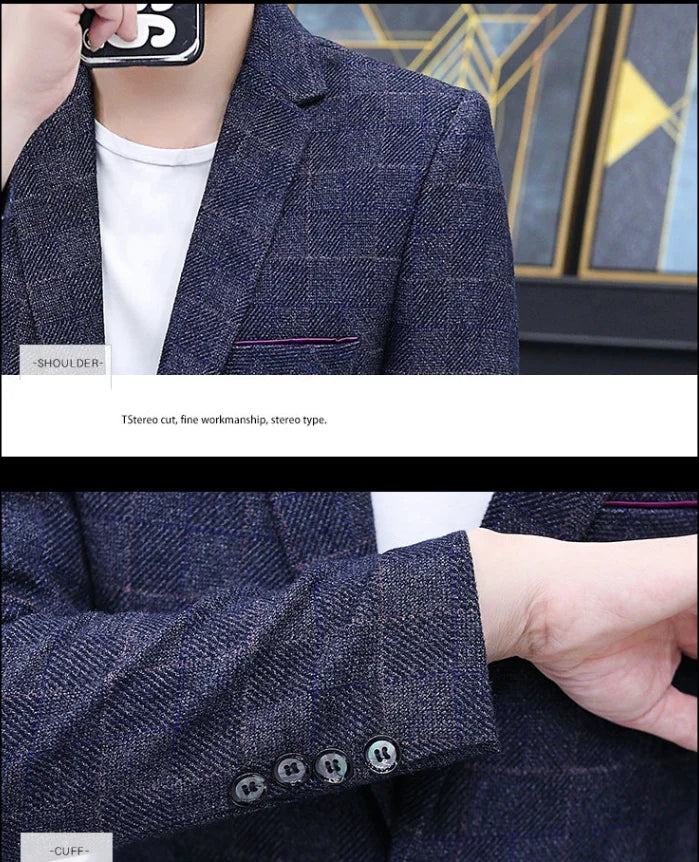 Men's Blue Striped Blazer in Asian Sizes,Gray Single-button V-neck Jacket, Slim-fit Tops for Weddings,Parties, The Office, Wear.