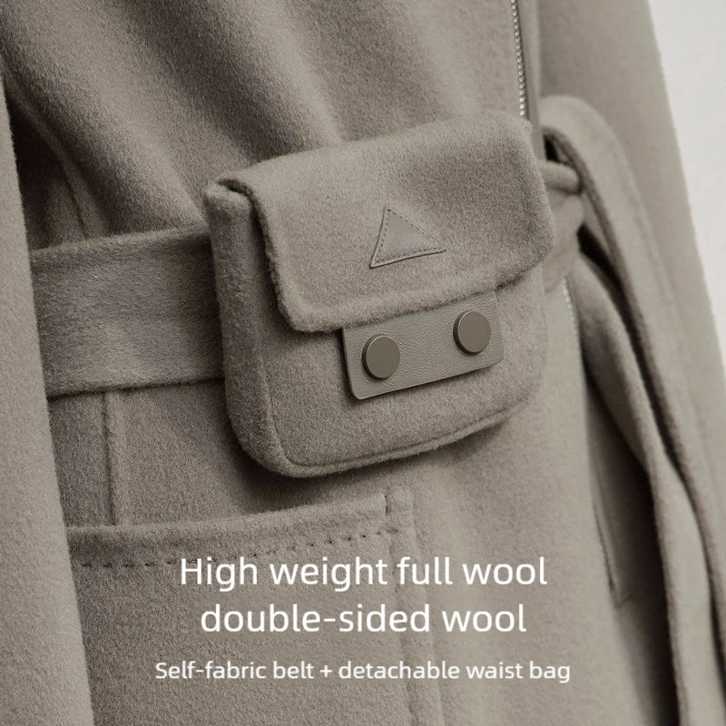 AMII 100% Wool Women's Jacket Coat 2026 Winter New Long Zipper Woolen Coat Woman With Belt Double-sided Tweed Jacket 12544007
