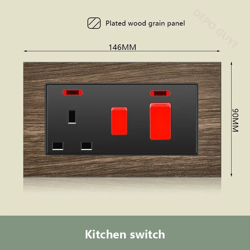UK 18W Type-C Quick charge Dual Power Outlet,Universal Retro Wood Grain Electrical USB Socket,220V Electrical  Wall Light Switch
