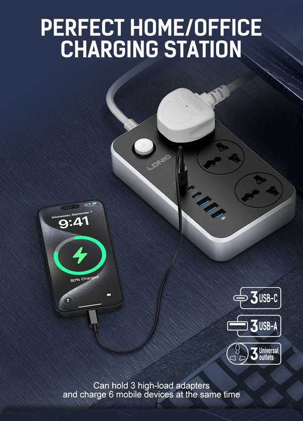 បន្ទះ ភ្លើង សកល LDNIO ប្រភេទ C 6 រន្ធ USB 3 ផ្លូវ រន្ធ ដោត AC រន្ធ ដោត ភ្លើង បន្ថែម 2 ម៉ែត្រ រន្ធ ដោត សាក ភ្លើង EU US UK