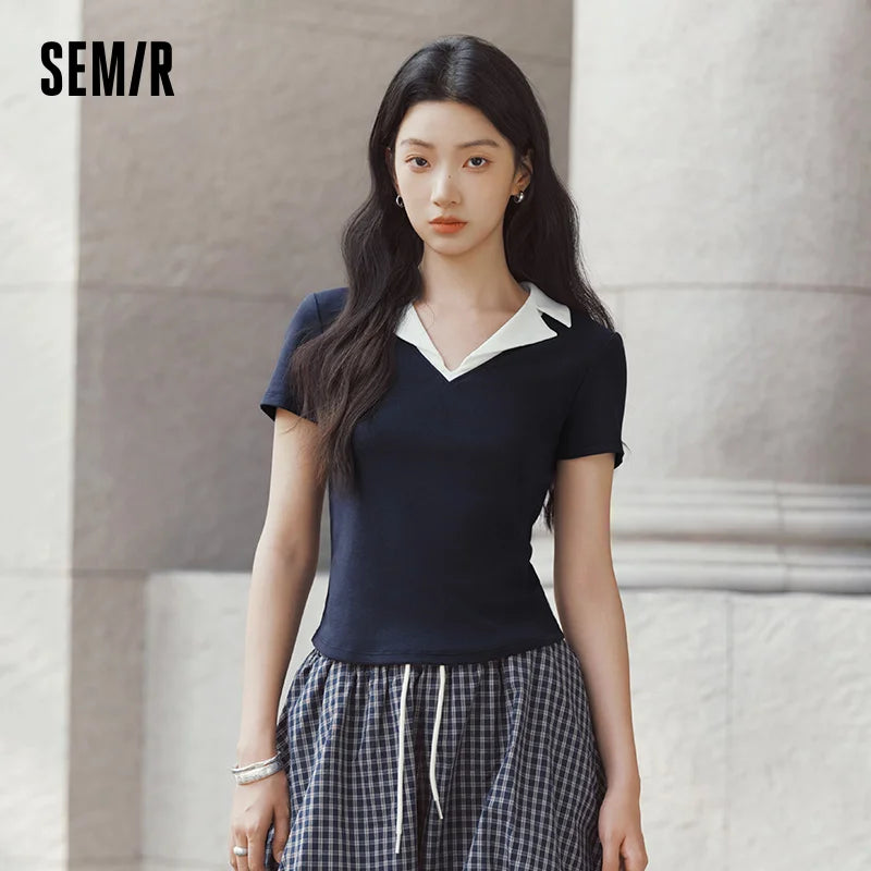 Semir Womens Polo 2026 Short Style Cool Feeling Color Block Lapel Slim Commute Style Casual