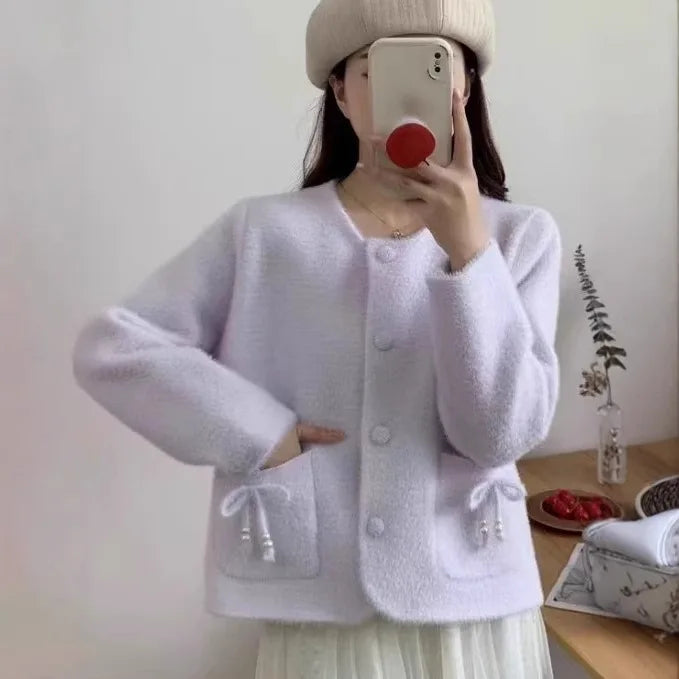 Sweet Bow Pocket Coat Women's Autumn and Winter New Imitation Mink Velvet Knitted Cardigan Jacket Short Sweater Top Cropped