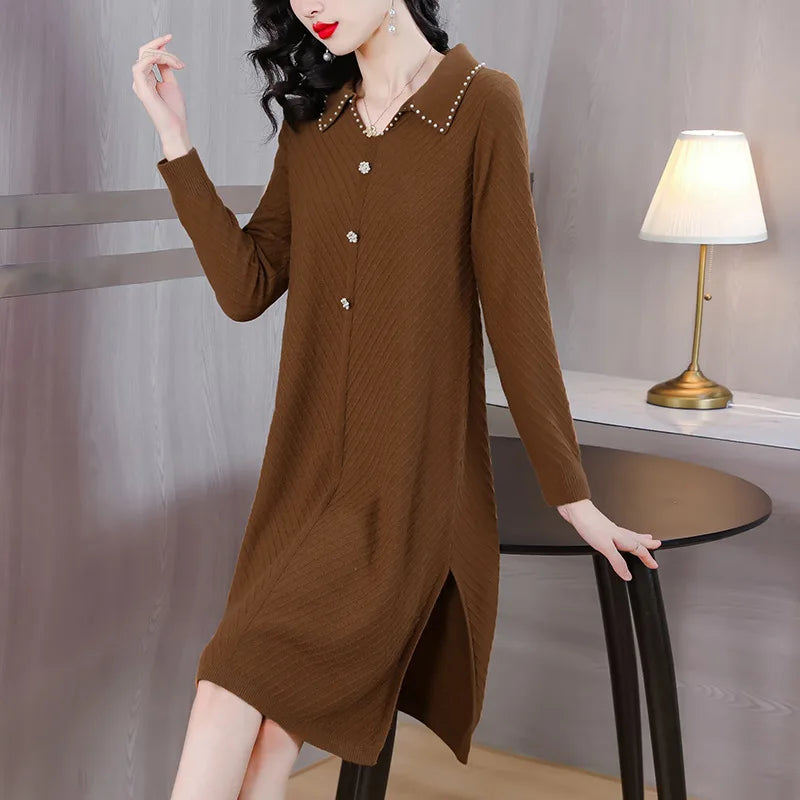 Elegant Lapel Long Sleeve Tops Knitting Woman Clothes Woolen Spring Autumn Knitwear Women's Sweater Pullover Dress Female