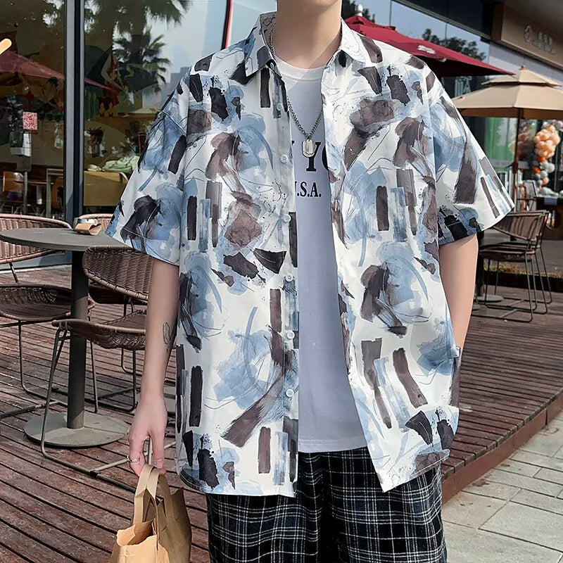 2026 Summer Men's White Short Sleeve Printed Shirt, Beach Vacation Shirts, White Black Gray Green Blue Loose Top, 2025 New