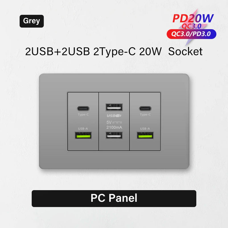 Korea Chile standard 20W Super Fast smart Charge Type C USB Port Power Wall Socket Plug,118*73mm Quick Charge electrical Outlet