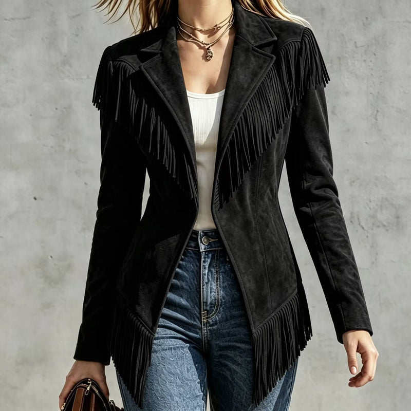 Lightweight Women's Long-sleeve Collared Jacket with Fringe Detailing; Available in Black, Red, Green, Khaki, Beige, Blue, Gray.