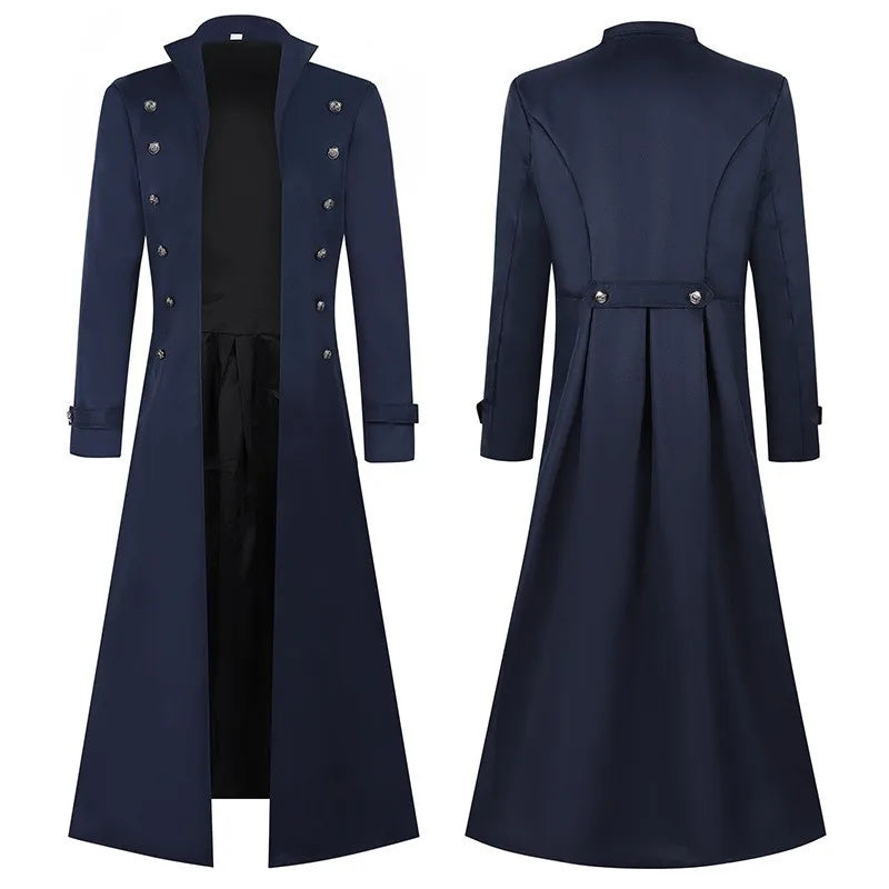 2026 New Steampunk Red Men's Vintage Long Jacket, Black Gothic Trench Coat, Blue Stage Performance Overcoat.