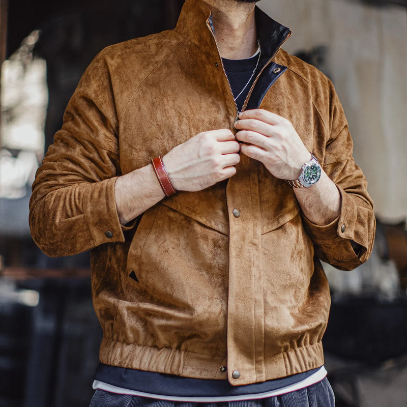 Maden Vintage Suede Coach Jacket Men's Stand Collar Cropped Safari Jacket Windproof Warm Coat for Autumn Winter Streetwear