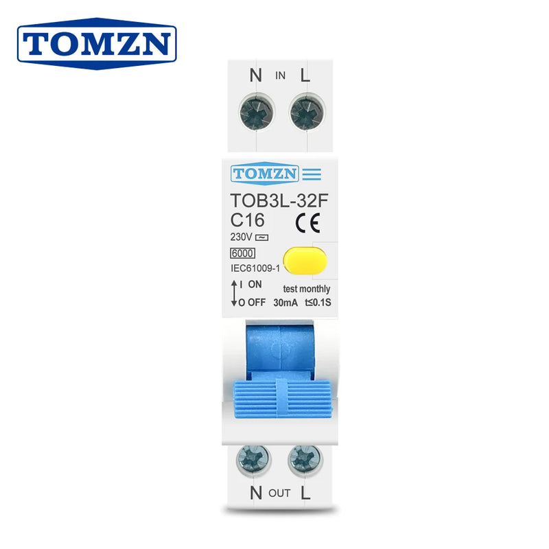 TOMZN TOB3L-32F 18MM RCBO 6A 10A 16A 20A 25A 32A 1P+N  Residual Current Circuit Breaker With Over Current And Leakage Protection