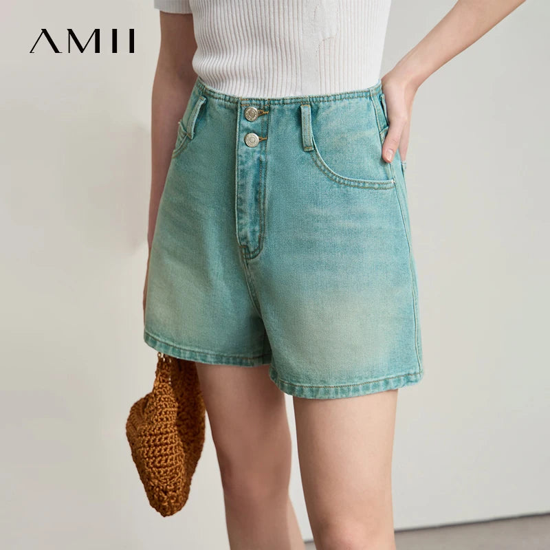Amii Women's Shorts Minimalist 2026 Summer New Versatile Style Waistband-Free Retro Washed Cotton Casual Denim Shorts 12542225