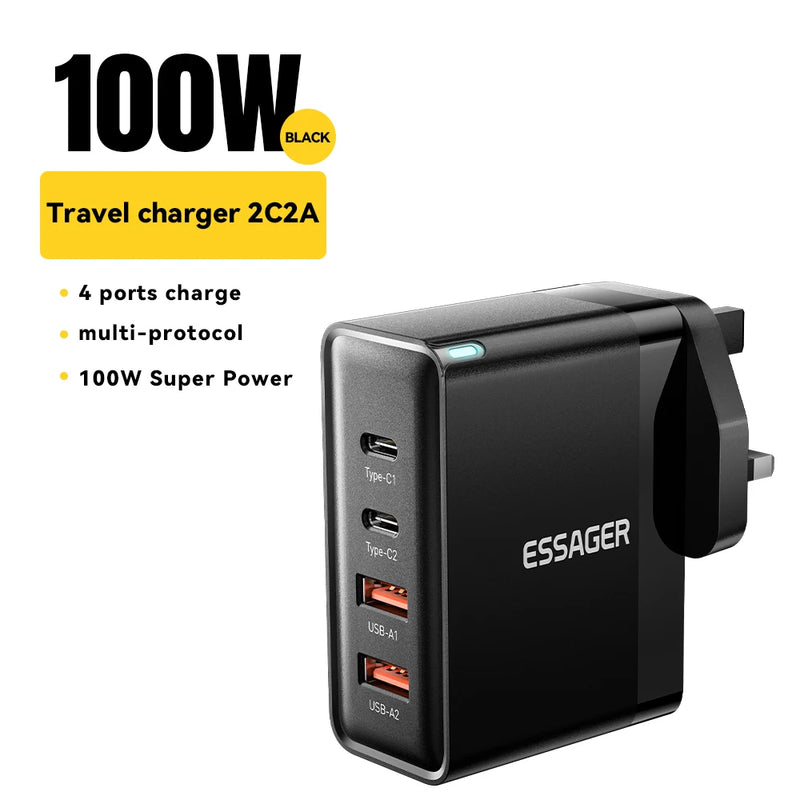 Essager 100W US/KR Plug USB Type C GaN Charger For Laptop Macbook PD Fast Charging For iPhone 16 15 14Pro Samsung Charge Adapter