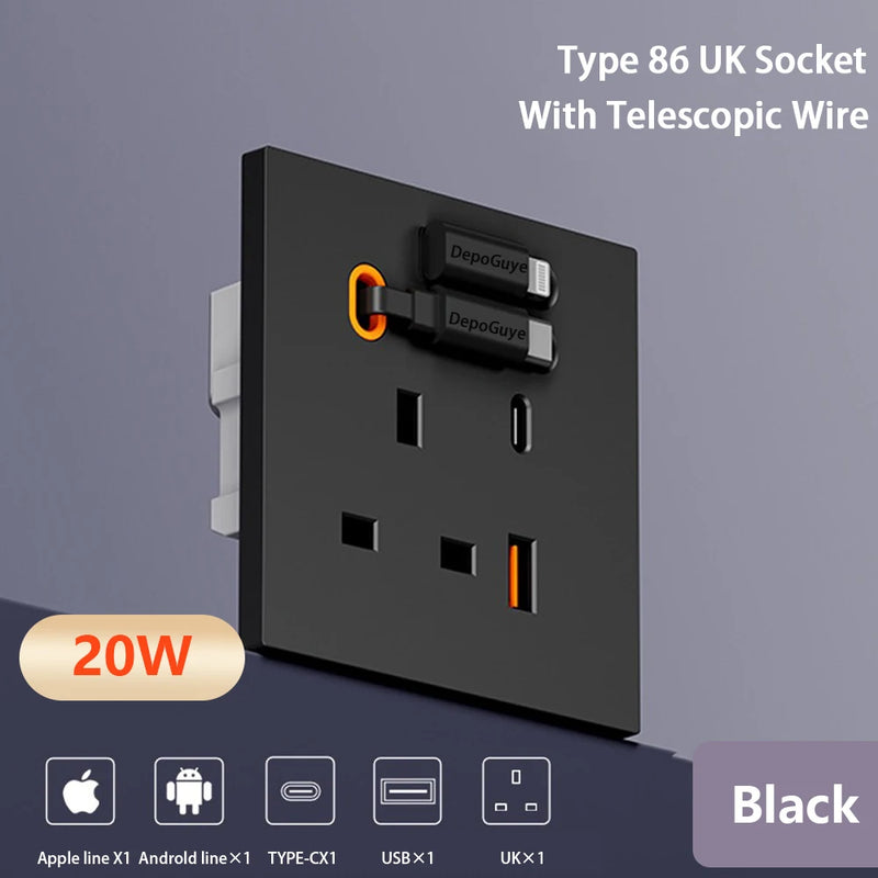 86 Type Universal 20W USB Type-C Socket Panel With Expandable Charging Cable Outlet,UK Mobile phone charging Type-c Socket