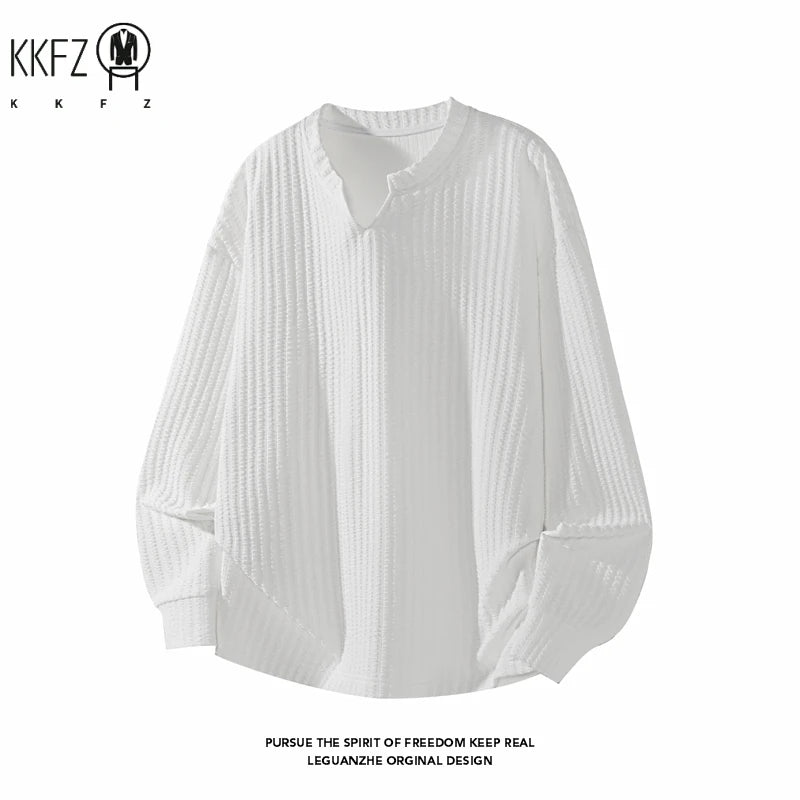 Male Trendy Vertical Weave Top Long Sleeve Notch Neck Irregular Hem Suitable For Dating Weekend Outings Street Scenes