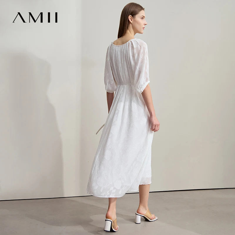 AMII Beige Dress Vacation 2026 Summer Office Lady Belt Chiffon Women Beaded Button A Line Round Neck Fairycore Dresses 12542143