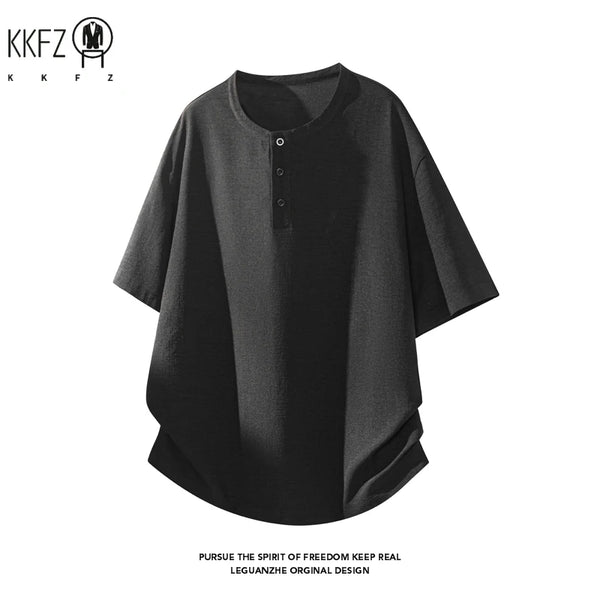 Men Linen Blend Henley Button Collar Short Sleeve Tee Oversized Silhouette Top For Everyday Summer Casual Commute Dressing