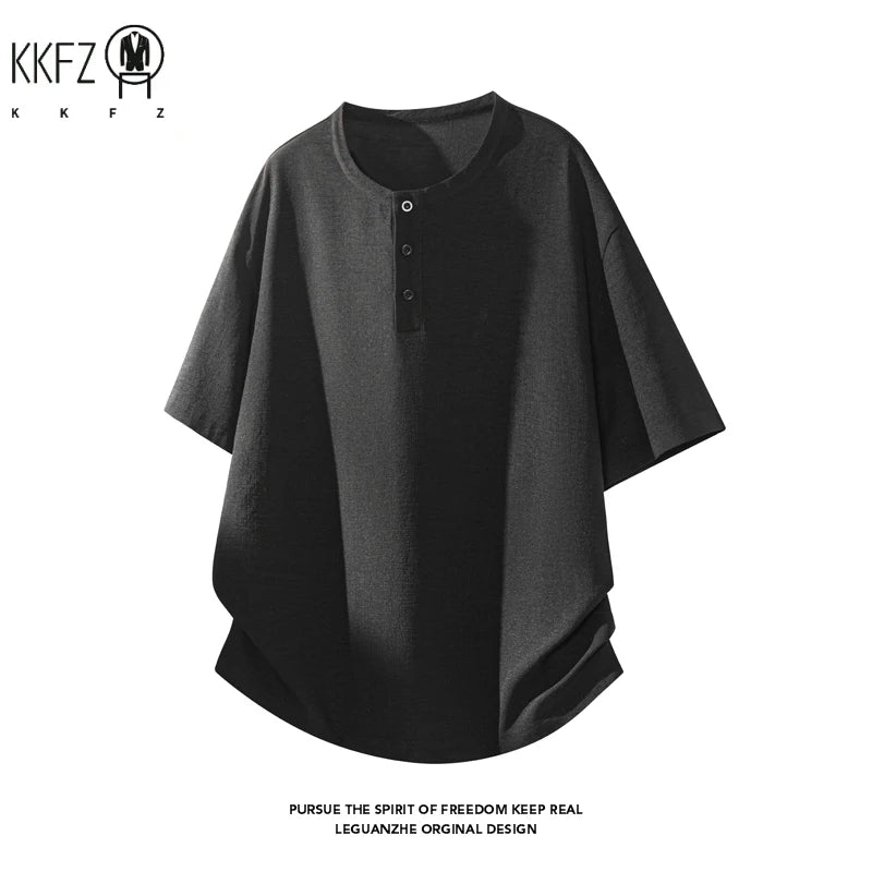 Men Linen Blend Henley Button Collar Short Sleeve Tee Oversized Silhouette Top For Everyday Summer Casual Commute Dressing