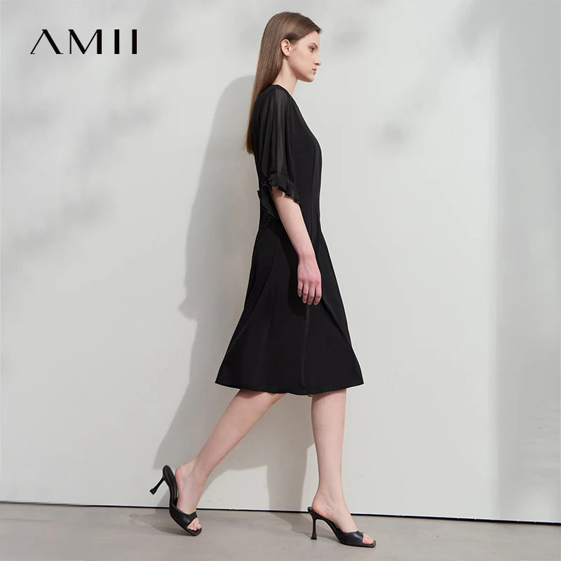 AMII Women 2026 Minimalism New Summer Elegant Dress Thin Chiffon Sleeves Slim Dress Birthday Dresses Luxury Black Dress 12522061