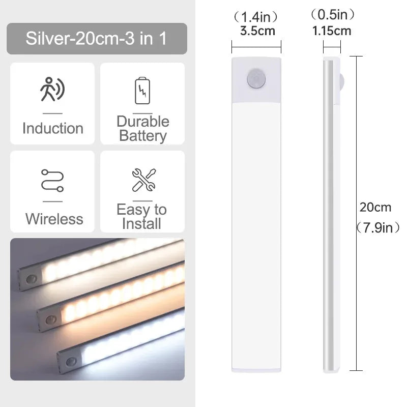 10-60CM Motion Sensor LED Night Light Wireless USB Rechargeable Under Cabinet Lights Ultra Thin Long Bar Lamp Kitchen Bedside