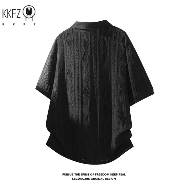 Men Lapel Collar Polo Short Sleeve Top Rhombus Jacquard Weave Partial Button Closure For Youth Casual Street Fashion Style