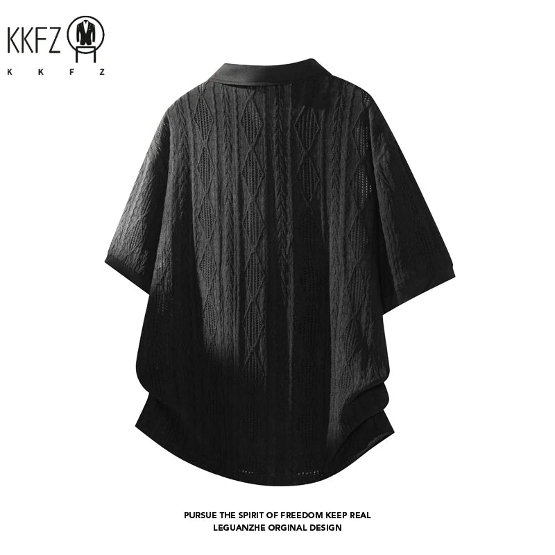 Men Lapel Collar Polo Short Sleeve Top Rhombus Jacquard Weave Partial Button Closure For Youth Casual Street Fashion Style
